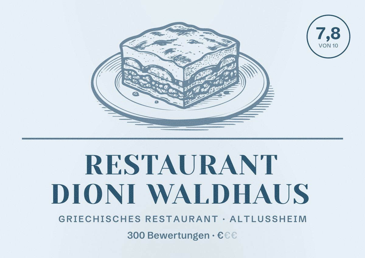 Illustriertes Poster von Restaurant Dioni Waldhaus, Griechisches Restaurant in Altlußheim: Bewertung 7,8 von 10 aus 300 Bewertungen, Preisniveau €