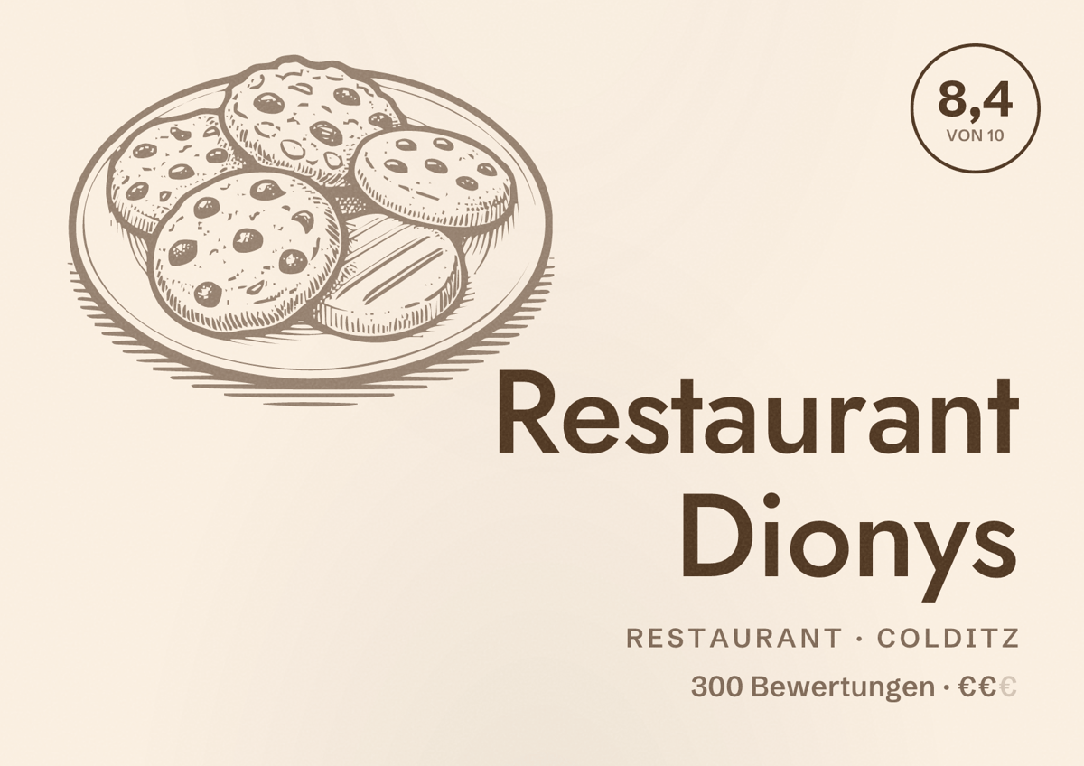 Illustriertes Poster von Restaurant Dionys, Restaurant in Colditz: Bewertung 8,4 von 10 aus 300 Bewertungen, Preisniveau €€