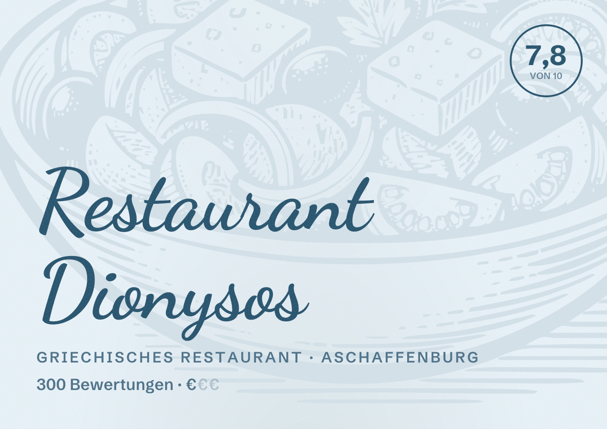 Illustriertes Poster von Restaurant Dionysos, Griechisches Restaurant in Aschaffenburg: Bewertung 7,8 von 10 aus 300 Bewertungen, Preisniveau €
