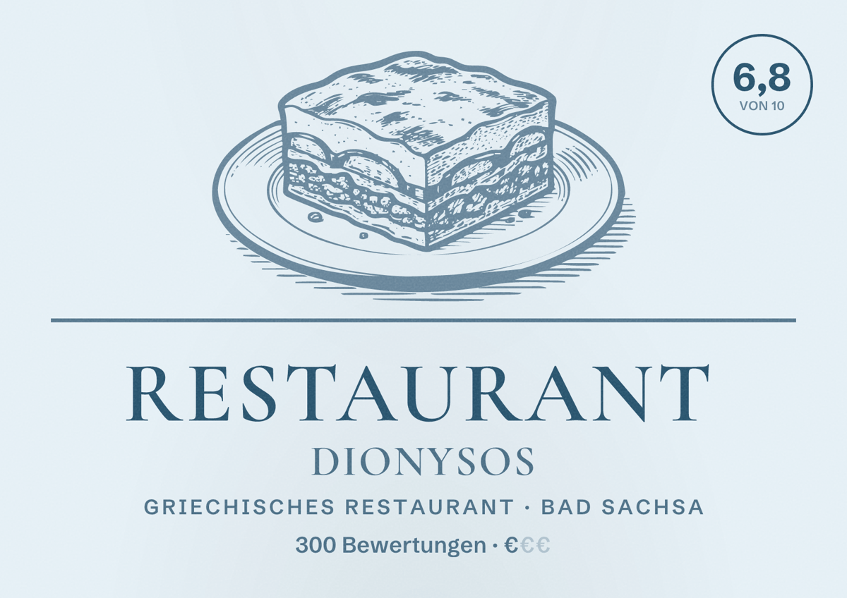 Illustriertes Poster von Restaurant Dionysos, Griechisches Restaurant in Bad Sachsa: Bewertung 6,8 von 10 aus 300 Bewertungen, Preisniveau €