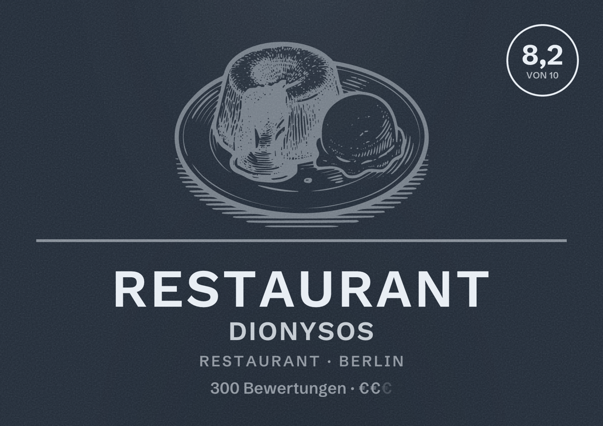 Illustriertes Poster von Restaurant Dionysos, Restaurant in Berlin: Bewertung 8,2 von 10 aus 300 Bewertungen, Preisniveau €€