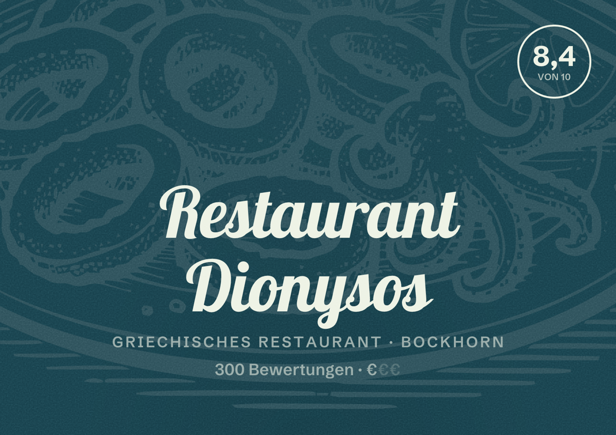 Illustriertes Poster von Restaurant Dionysos, Griechisches Restaurant in Bockhorn: Bewertung 8,4 von 10 aus 300 Bewertungen, Preisniveau €