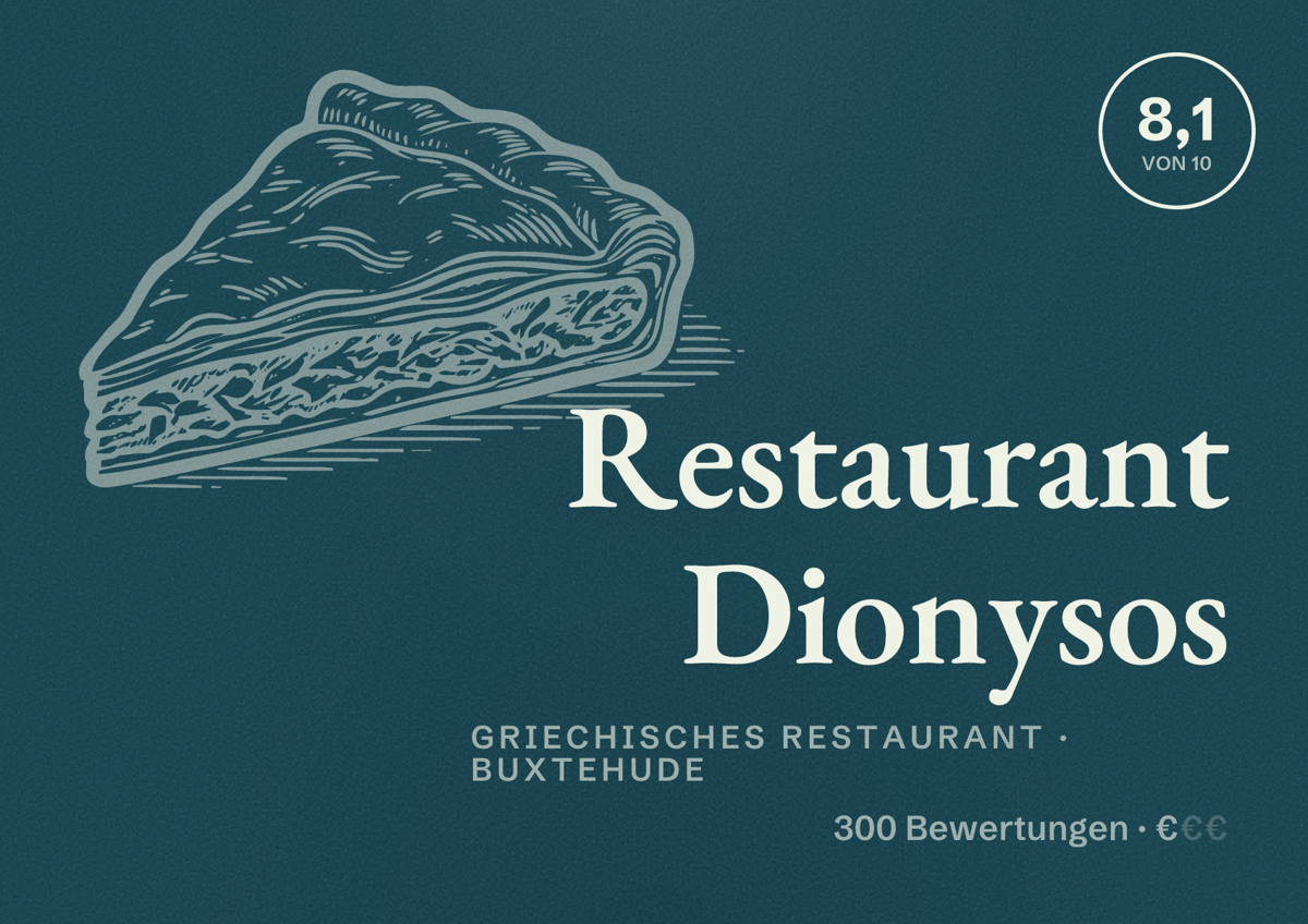 Illustriertes Poster von Restaurant Dionysos, Griechisches Restaurant in Buxtehude: Bewertung 8,1 von 10 aus 300 Bewertungen, Preisniveau €