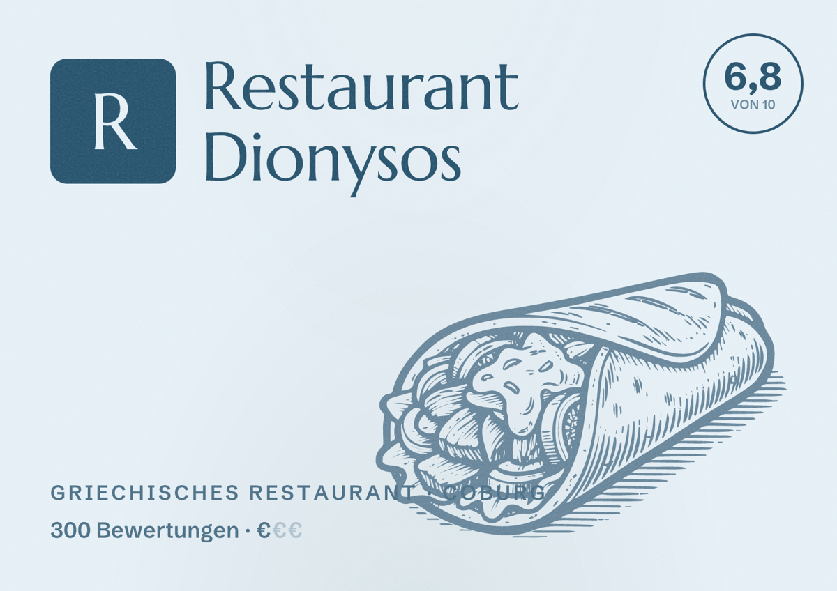 Illustriertes Poster von Restaurant Dionysos, Griechisches Restaurant in Coburg: Bewertung 6,8 von 10 aus 300 Bewertungen, Preisniveau €