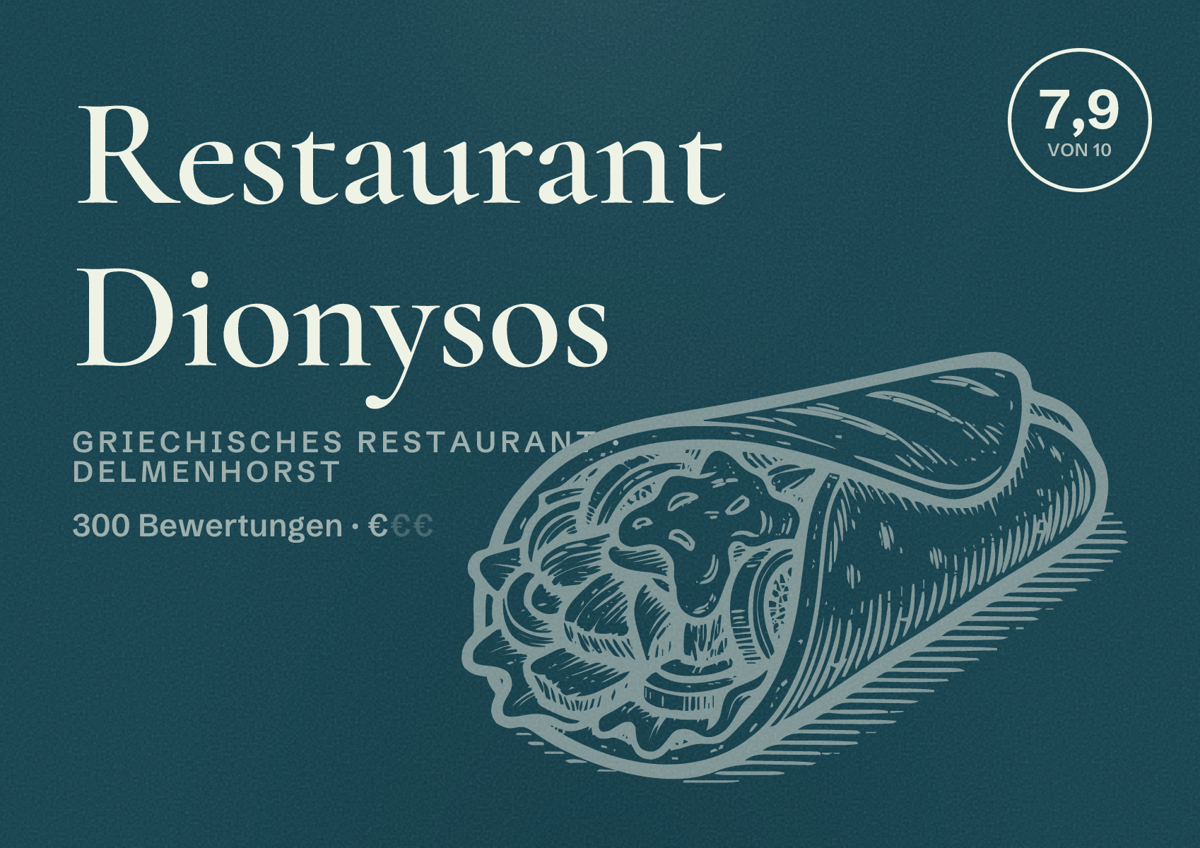 Illustriertes Poster von Restaurant Dionysos, Griechisches Restaurant in Delmenhorst: Bewertung 7,9 von 10 aus 300 Bewertungen, Preisniveau €