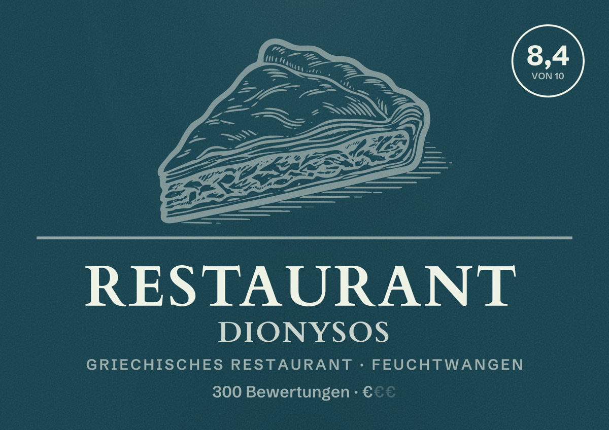 Illustriertes Poster von Restaurant Dionysos, Griechisches Restaurant in Feuchtwangen: Bewertung 8,4 von 10 aus 300 Bewertungen, Preisniveau €