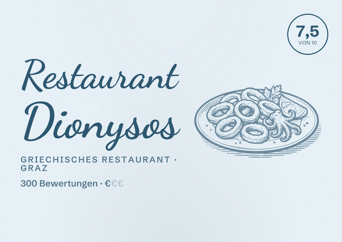Illustriertes Poster von Restaurant Dionysos, Griechisches Restaurant in Graz: Bewertung 7,5 von 10 aus 300 Bewertungen, Preisniveau €