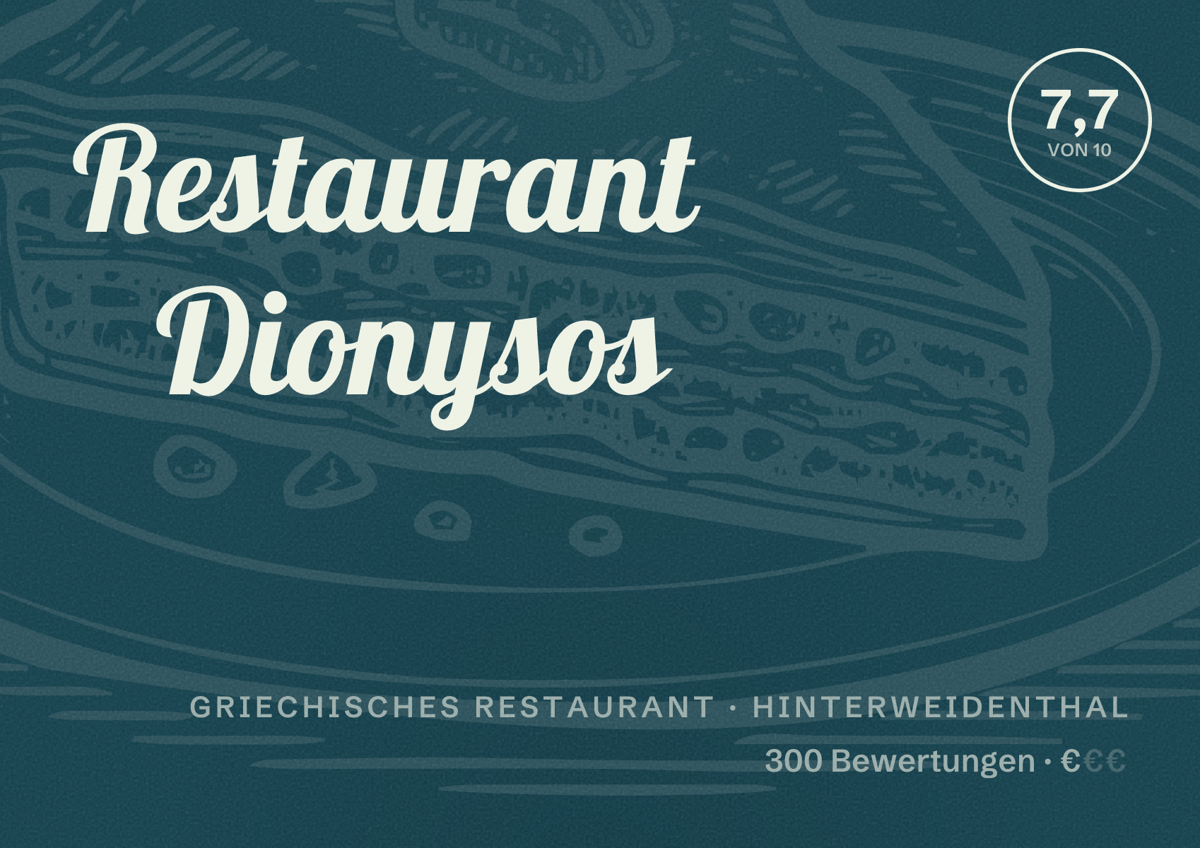 Illustriertes Poster von Restaurant Dionysos, Griechisches Restaurant in Hinterweidenthal: Bewertung 7,7 von 10 aus 300 Bewertungen, Preisniveau €