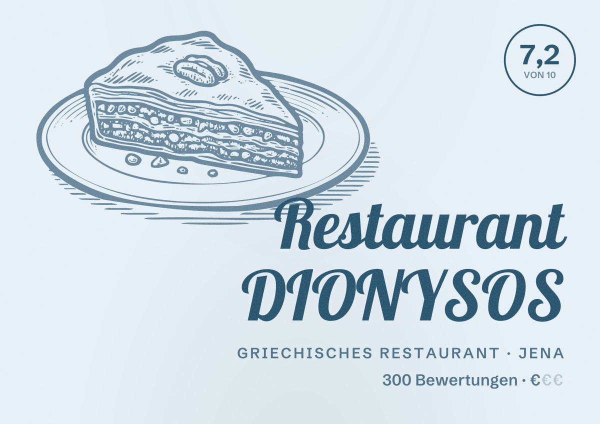 Illustriertes Poster von Restaurant DIONYSOS, Griechisches Restaurant in Jena: Bewertung 7,2 von 10 aus 300 Bewertungen, Preisniveau €