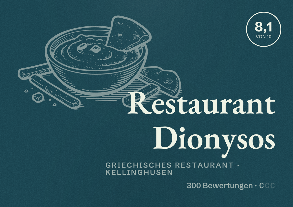Illustriertes Poster von Restaurant Dionysos, Griechisches Restaurant in Kellinghusen: Bewertung 8,1 von 10 aus 300 Bewertungen, Preisniveau €
