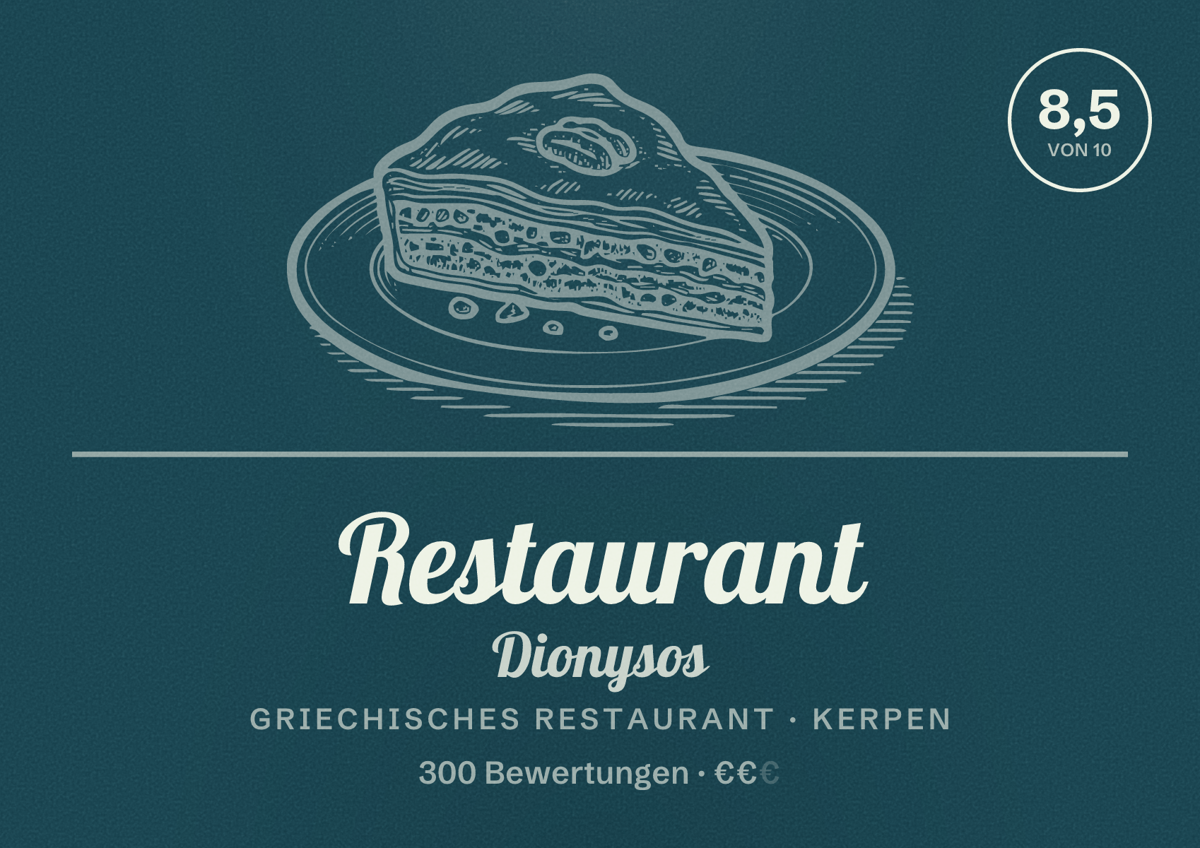 Illustriertes Poster von Restaurant Dionysos, Griechisches Restaurant in Kerpen: Bewertung 8,5 von 10 aus 300 Bewertungen, Preisniveau €€