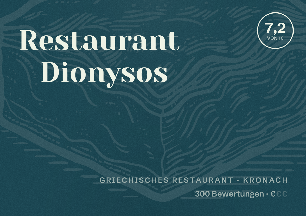 Illustriertes Poster von Restaurant Dionysos, Griechisches Restaurant in Kronach: Bewertung 7,2 von 10 aus 300 Bewertungen, Preisniveau €