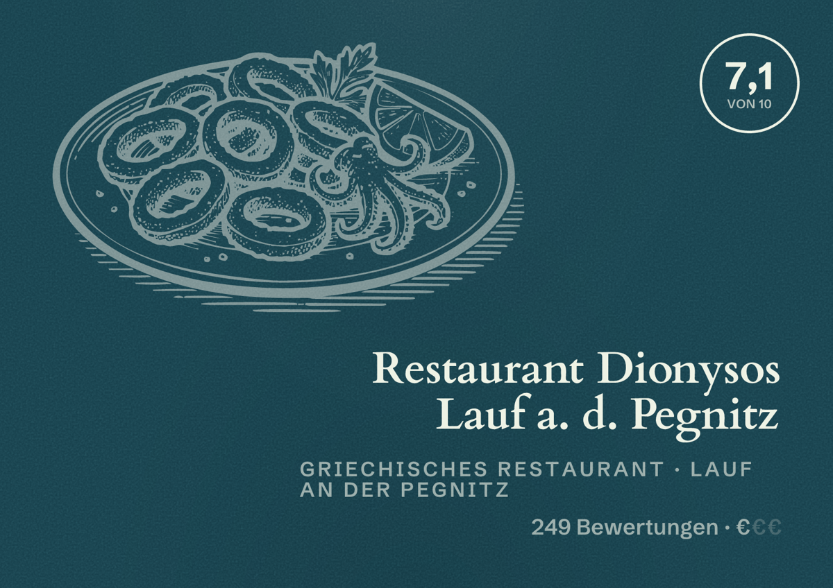 Illustriertes Poster von Restaurant Dionysos Lauf a. d. Pegnitz, Griechisches Restaurant in Lauf an der Pegnitz: Bewertung 7,1 von 10 aus 249 Bewertungen, Preisniveau €