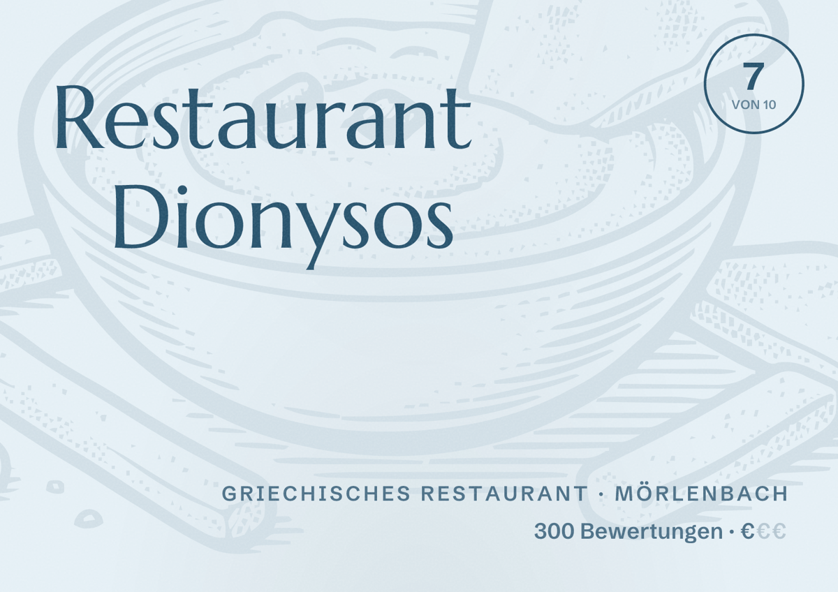 Illustriertes Poster von Restaurant Dionysos, Griechisches Restaurant in Mörlenbach: Bewertung 7 von 10 aus 300 Bewertungen, Preisniveau €