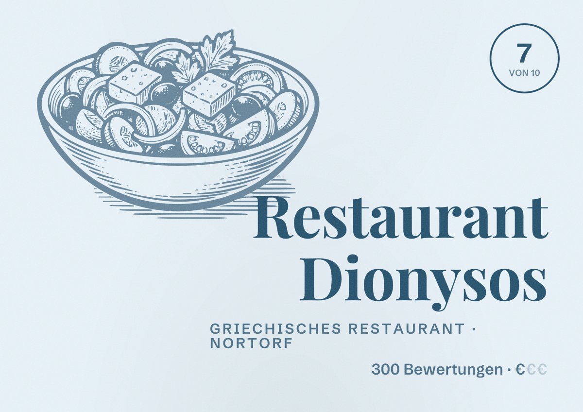 Illustriertes Poster von Restaurant Dionysos, Griechisches Restaurant in Nortorf: Bewertung 7 von 10 aus 300 Bewertungen, Preisniveau €