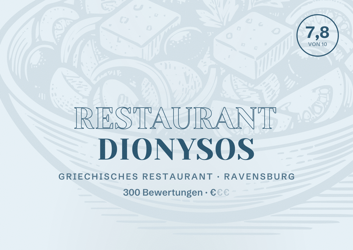 Illustriertes Poster von Restaurant Dionysos, Griechisches Restaurant in Ravensburg: Bewertung 7,8 von 10 aus 300 Bewertungen, Preisniveau €