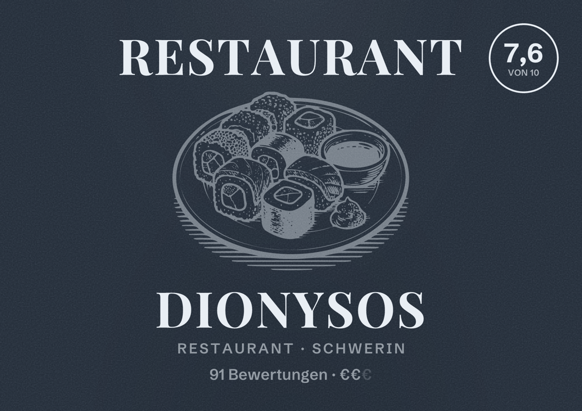 Illustriertes Poster von Restaurant Dionysos, Restaurant in Schwerin: Bewertung 7,6 von 10 aus 91 Bewertungen, Preisniveau €€