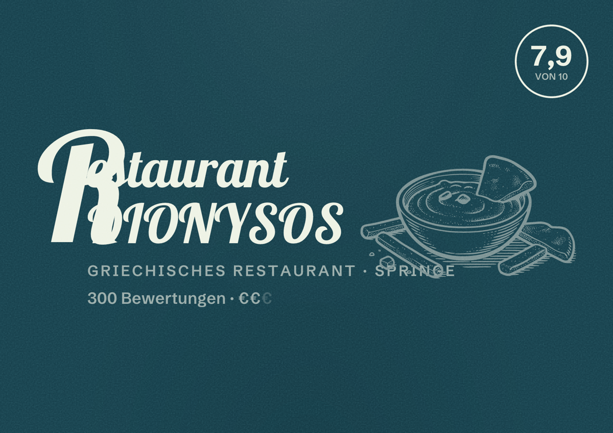 Illustriertes Poster von Restaurant DIONYSOS, Griechisches Restaurant in Springe: Bewertung 7,9 von 10 aus 300 Bewertungen, Preisniveau €€