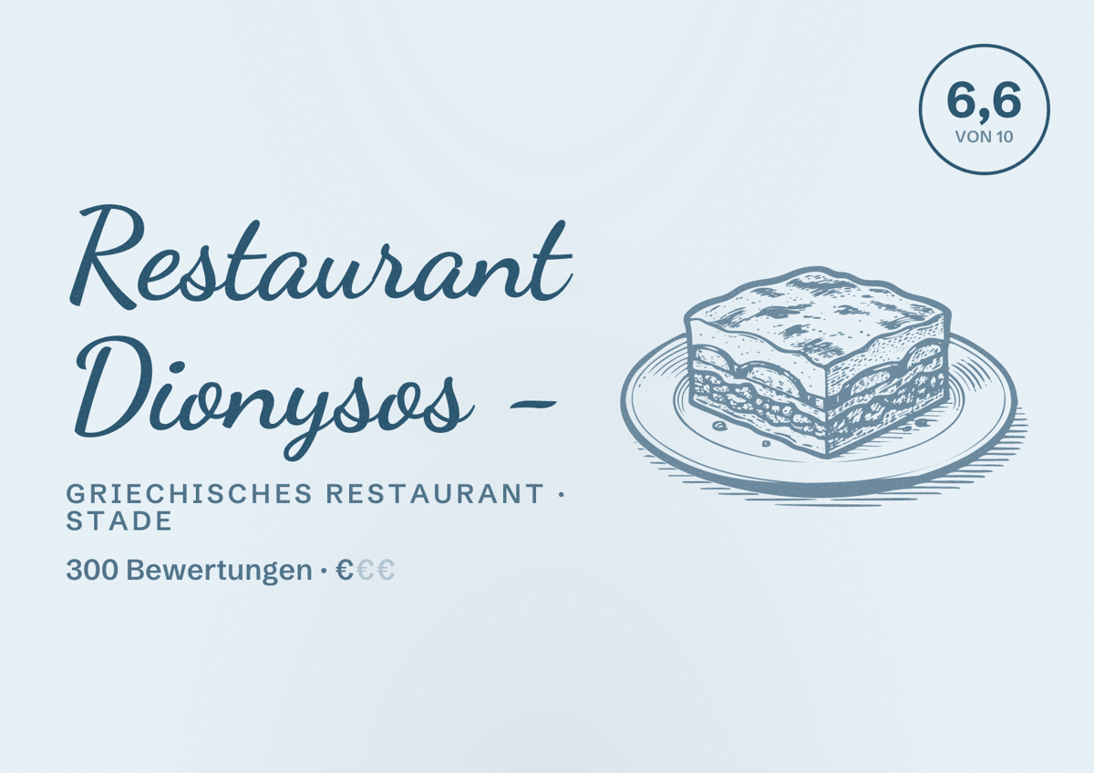 Illustriertes Poster von Restaurant Dionysos -, Griechisches Restaurant in Stade: Bewertung 6,6 von 10 aus 300 Bewertungen, Preisniveau €