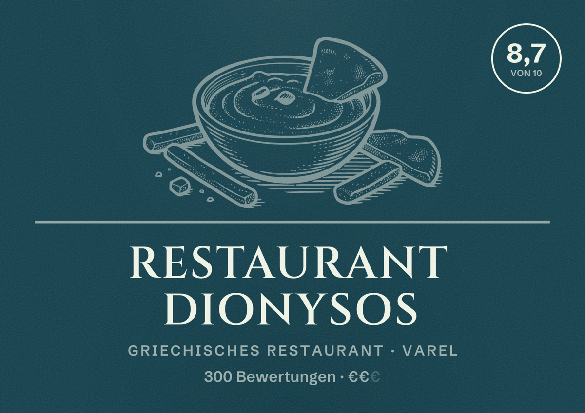 Illustriertes Poster von Restaurant Dionysos, Griechisches Restaurant in Varel: Bewertung 8,7 von 10 aus 300 Bewertungen, Preisniveau €€