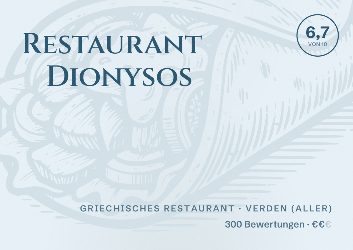 Illustriertes Poster von Restaurant Dionysos, Griechisches Restaurant in Verden (Aller): Bewertung 6,7 von 10 aus 300 Bewertungen, Preisniveau €€
