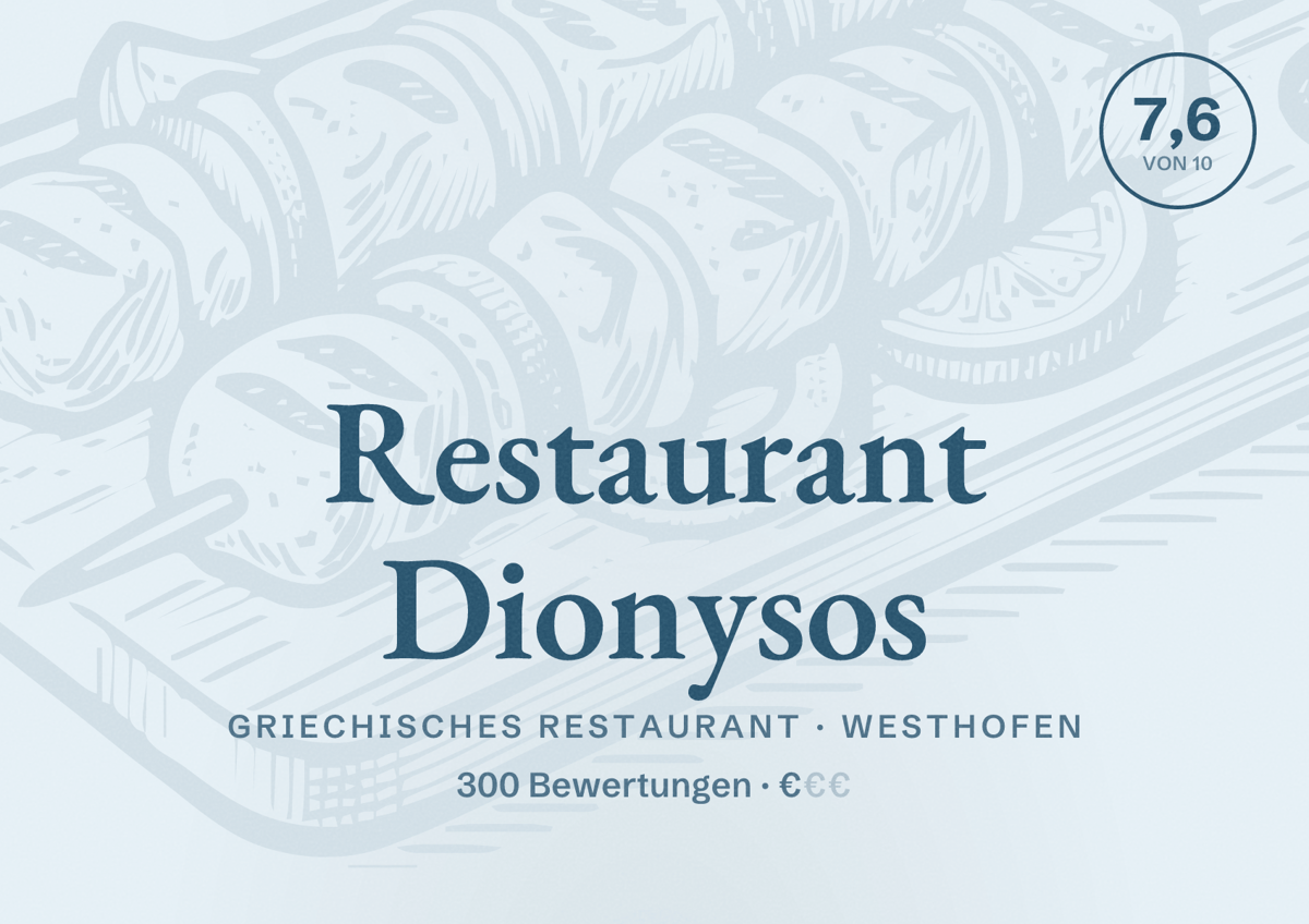 Illustriertes Poster von Restaurant Dionysos, Griechisches Restaurant in Westhofen: Bewertung 7,6 von 10 aus 300 Bewertungen, Preisniveau €