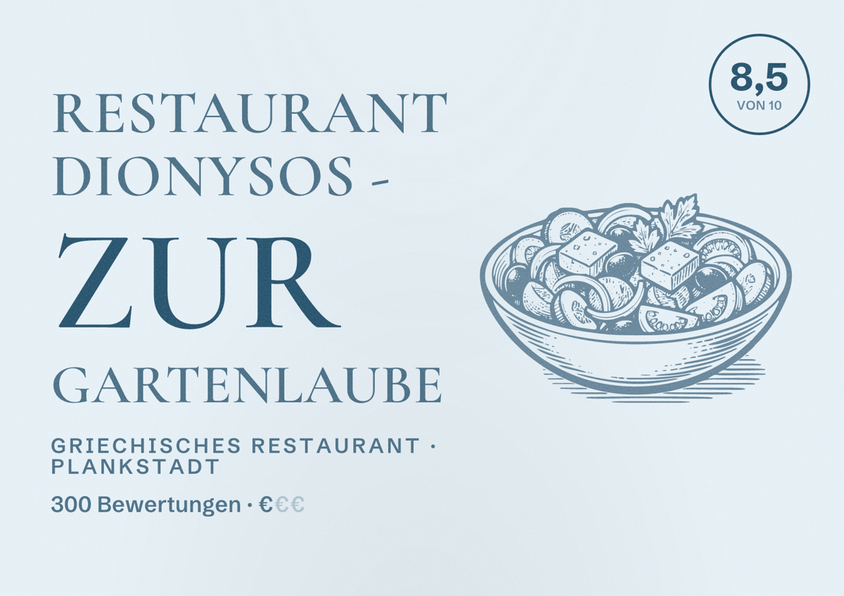 Illustriertes Poster von Restaurant Dionysos - Zur Gartenlaube, Griechisches Restaurant in Plankstadt: Bewertung 8,5 von 10 aus 300 Bewertungen, Preisniveau €