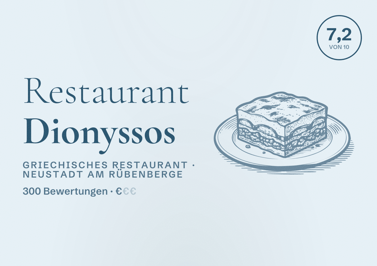 Illustriertes Poster von Restaurant Dionyssos, Griechisches Restaurant in Neustadt am Rübenberge: Bewertung 7,2 von 10 aus 300 Bewertungen, Preisniveau €