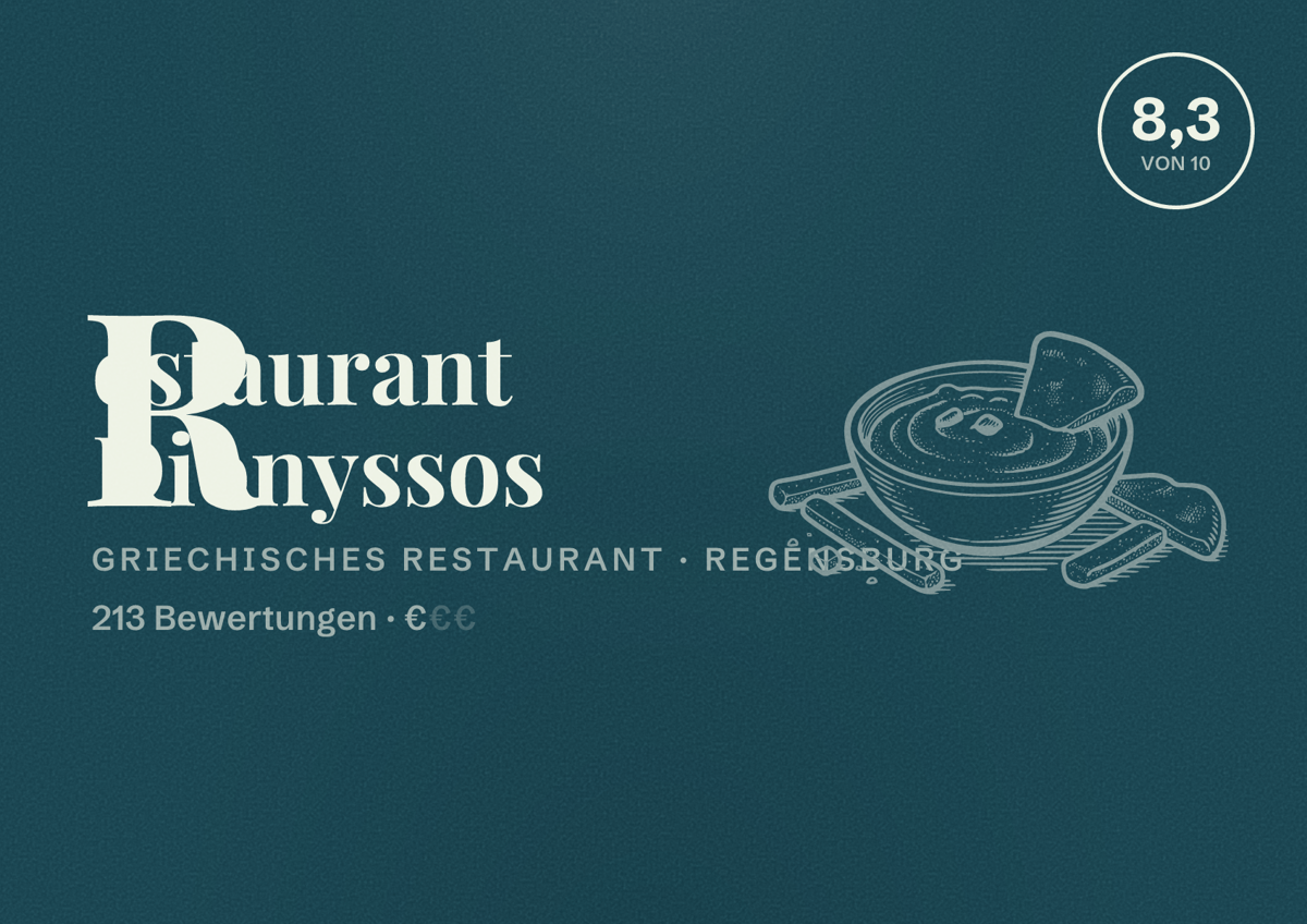 Illustriertes Poster von Restaurant Dionyssos, Griechisches Restaurant in Regensburg: Bewertung 8,3 von 10 aus 213 Bewertungen, Preisniveau €