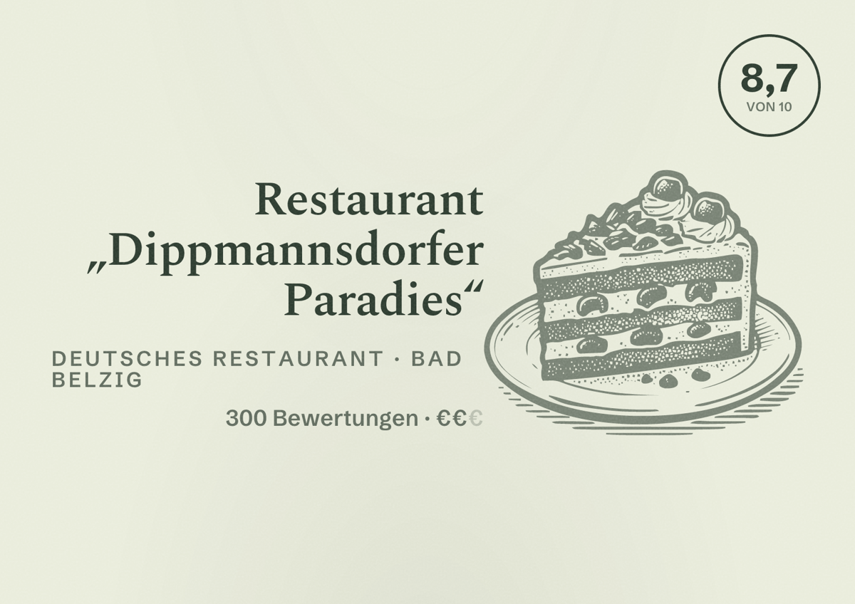 Illustriertes Poster von Restaurant „Dippmannsdorfer Paradies“, Deutsches Restaurant in Bad Belzig: Bewertung 8,7 von 10 aus 300 Bewertungen, Preisniveau €€