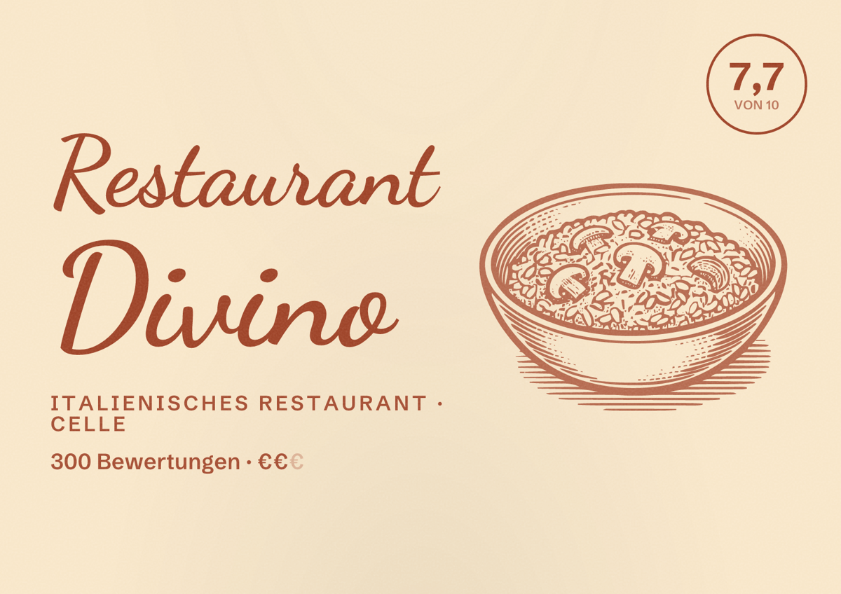 Illustriertes Poster von Restaurant Divino, Italienisches Restaurant in Celle: Bewertung 7,7 von 10 aus 300 Bewertungen, Preisniveau €€