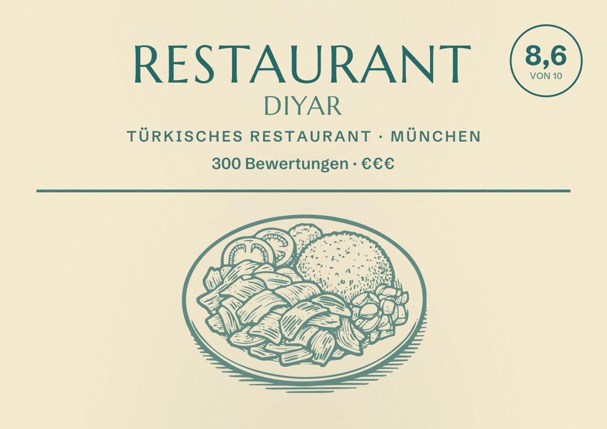 Illustriertes Poster von Restaurant Diyar, Türkisches Restaurant in München: Bewertung 8,6 von 10 aus 300 Bewertungen, Preisniveau €€€