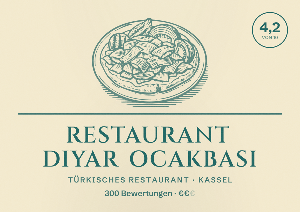 Illustriertes Poster von Restaurant Diyar Ocakbasi, Türkisches Restaurant in Kassel: Bewertung 4,2 von 10 aus 300 Bewertungen, Preisniveau €€
