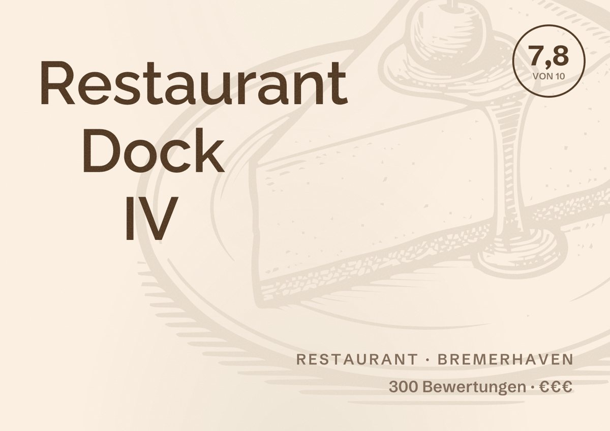 Illustriertes Poster von Restaurant Dock IV, Restaurant in Bremerhaven: Bewertung 7,8 von 10 aus 300 Bewertungen, Preisniveau €€€