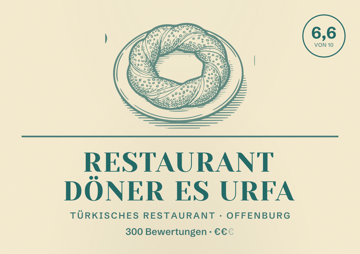 Illustriertes Poster von Restaurant Döner ES Urfa, Türkisches Restaurant in Offenburg: Bewertung 6,6 von 10 aus 300 Bewertungen, Preisniveau €€