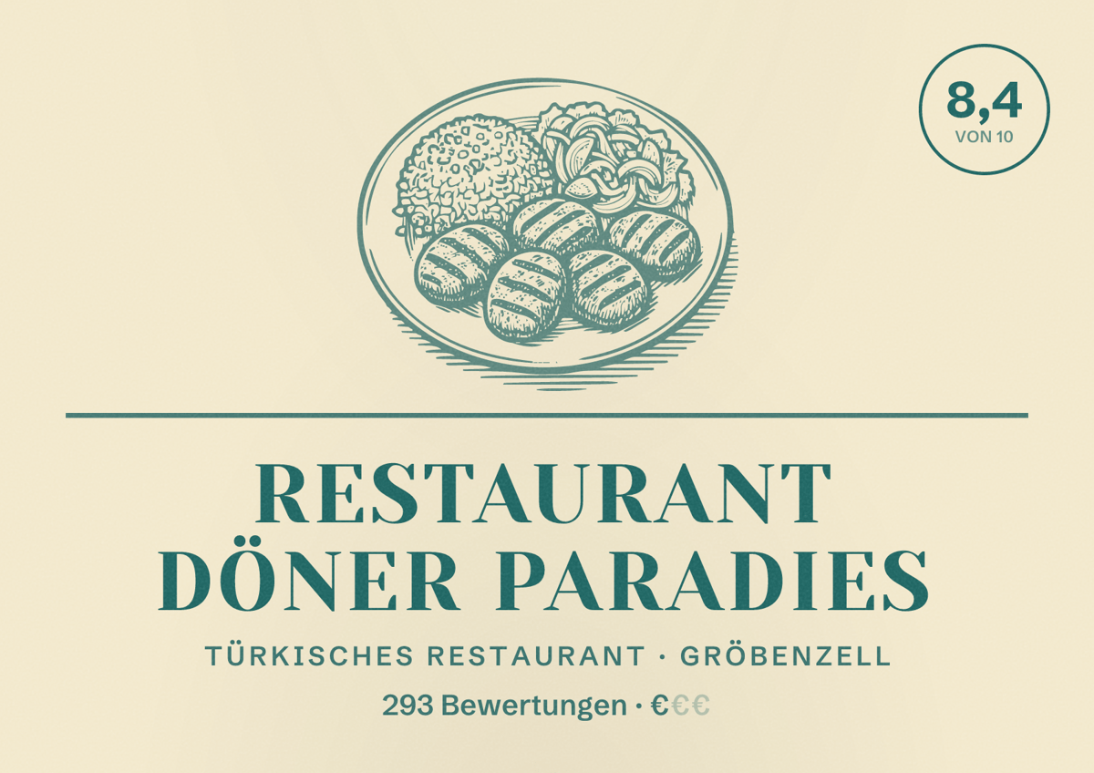 Illustriertes Poster von Restaurant Döner Paradies, Türkisches Restaurant in Gröbenzell: Bewertung 8,4 von 10 aus 293 Bewertungen, Preisniveau €