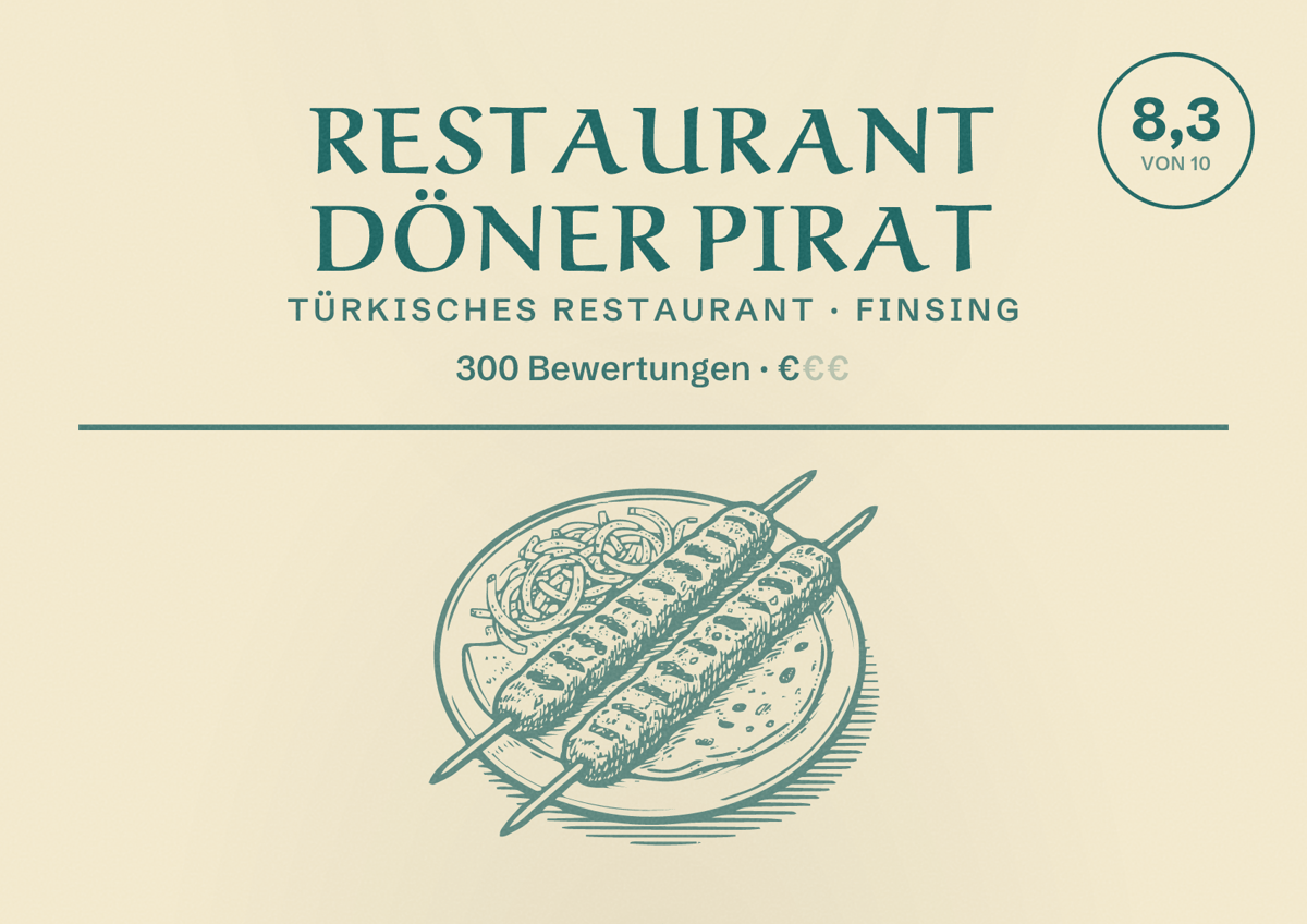 Illustriertes Poster von Restaurant Döner Pirat, Türkisches Restaurant in Finsing: Bewertung 8,3 von 10 aus 300 Bewertungen, Preisniveau €