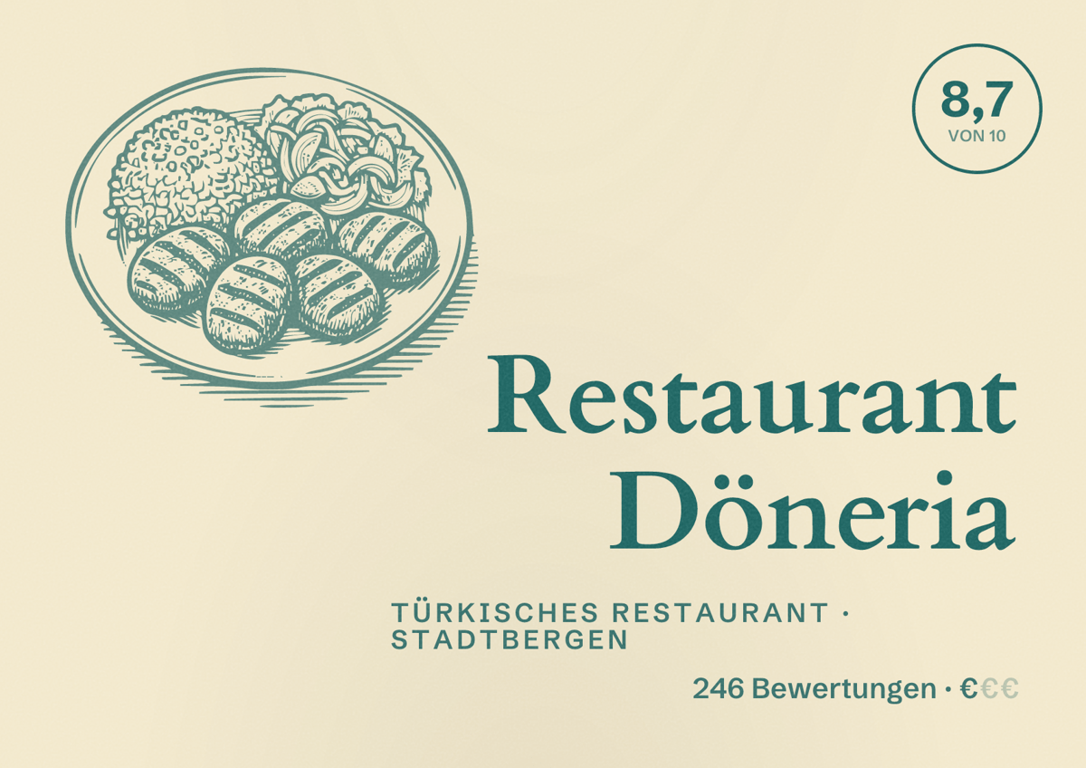 Illustriertes Poster von Restaurant Döneria, Türkisches Restaurant in Stadtbergen: Bewertung 8,7 von 10 aus 246 Bewertungen, Preisniveau €