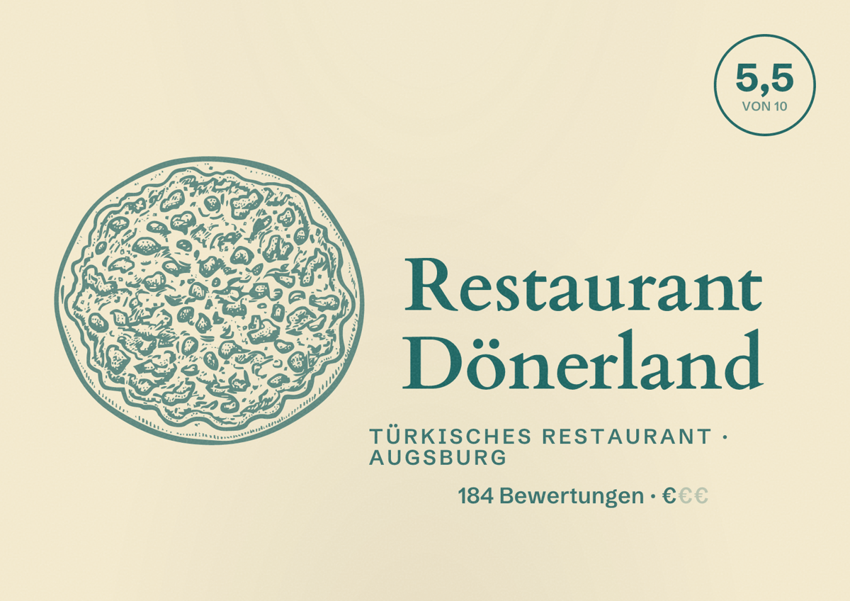 Illustriertes Poster von Restaurant Dönerland, Türkisches Restaurant in Augsburg: Bewertung 5,5 von 10 aus 184 Bewertungen, Preisniveau €