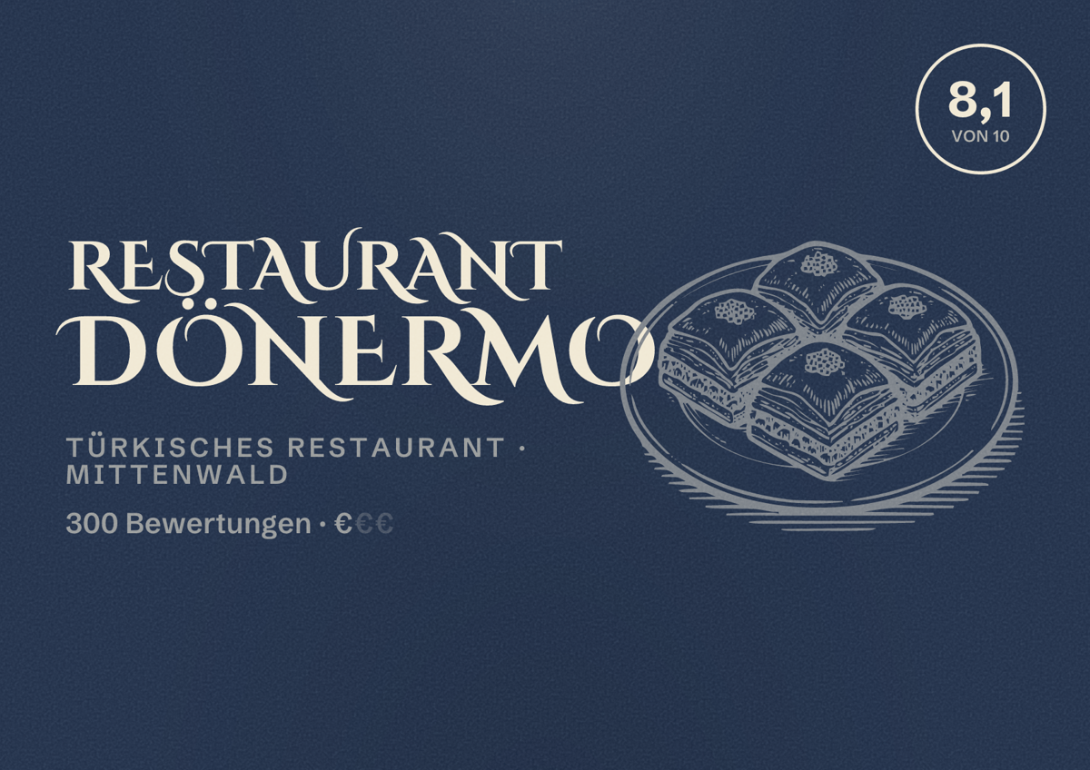 Illustriertes Poster von Restaurant Dönermo, Türkisches Restaurant in Mittenwald: Bewertung 8,1 von 10 aus 300 Bewertungen, Preisniveau €