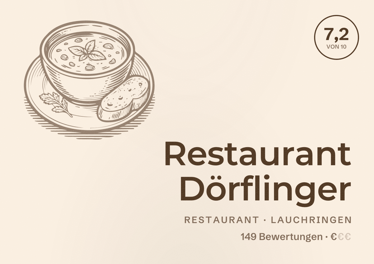 Illustriertes Poster von Restaurant Dörflinger, Restaurant in Lauchringen: Bewertung 7,2 von 10 aus 149 Bewertungen, Preisniveau €