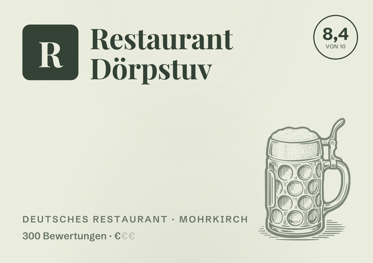 Illustriertes Poster von Restaurant Dörpstuv, Deutsches Restaurant in Mohrkirch: Bewertung 8,4 von 10 aus 300 Bewertungen, Preisniveau €