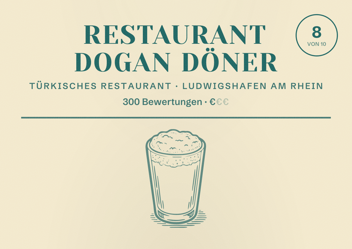 Illustriertes Poster von Restaurant Dogan Döner, Türkisches Restaurant in Ludwigshafen am Rhein: Bewertung 8 von 10 aus 300 Bewertungen, Preisniveau €