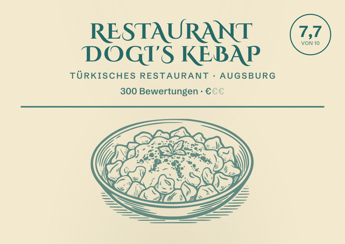 Illustriertes Poster von Restaurant Dogi's Kebap, Türkisches Restaurant in Augsburg: Bewertung 7,7 von 10 aus 300 Bewertungen, Preisniveau €