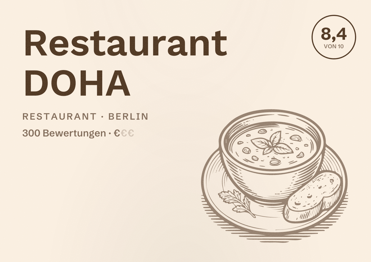 Illustriertes Poster von Restaurant DOHA, Restaurant in Berlin: Bewertung 8,4 von 10 aus 300 Bewertungen, Preisniveau €