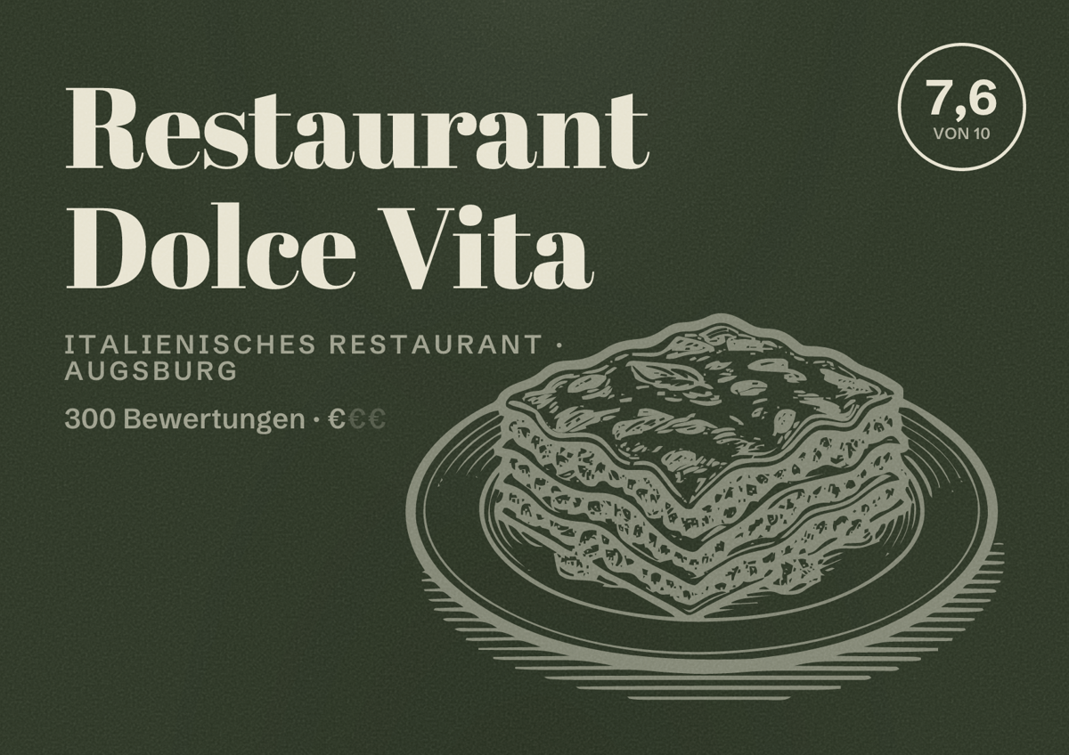 Illustriertes Poster von Restaurant Dolce Vita, Italienisches Restaurant in Augsburg: Bewertung 7,6 von 10 aus 300 Bewertungen, Preisniveau €