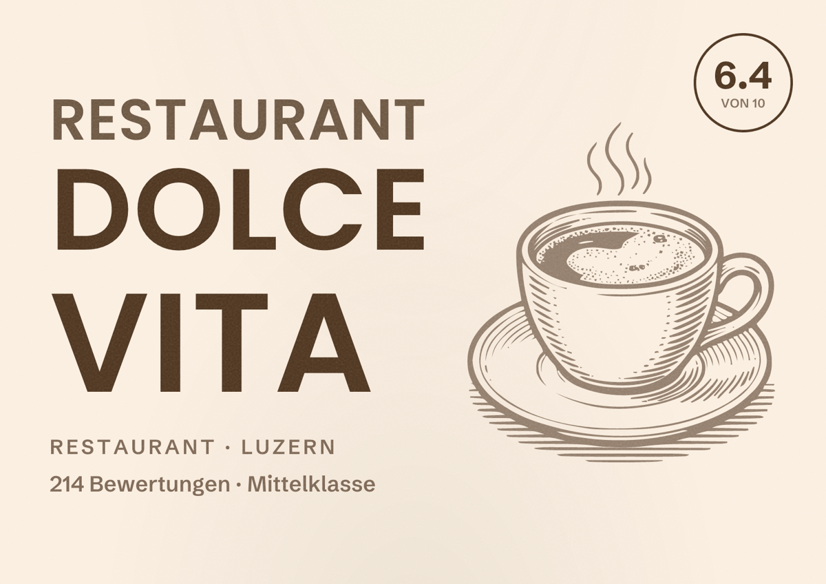 Illustriertes Poster von Restaurant Dolce Vita, Restaurant in Luzern: Bewertung 6.4 von 10 aus 214 Bewertungen, Preisniveau Mittelklasse