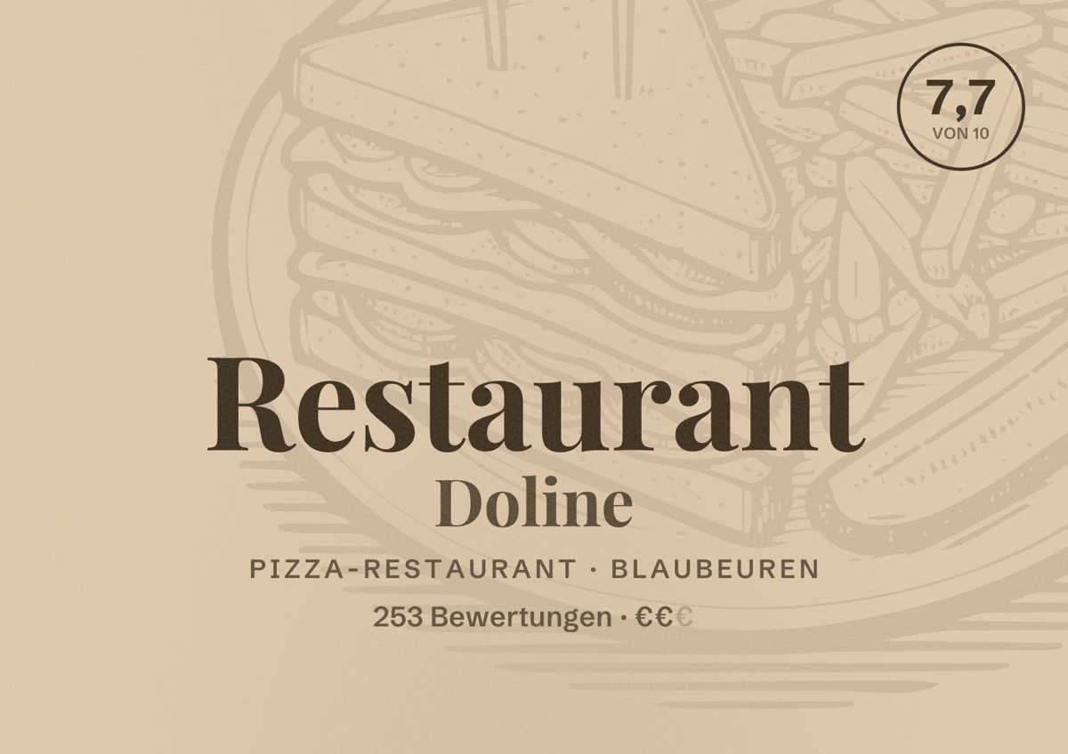 Illustriertes Poster von Restaurant Doline, Pizza-Restaurant in Blaubeuren: Bewertung 7,7 von 10 aus 253 Bewertungen, Preisniveau €€