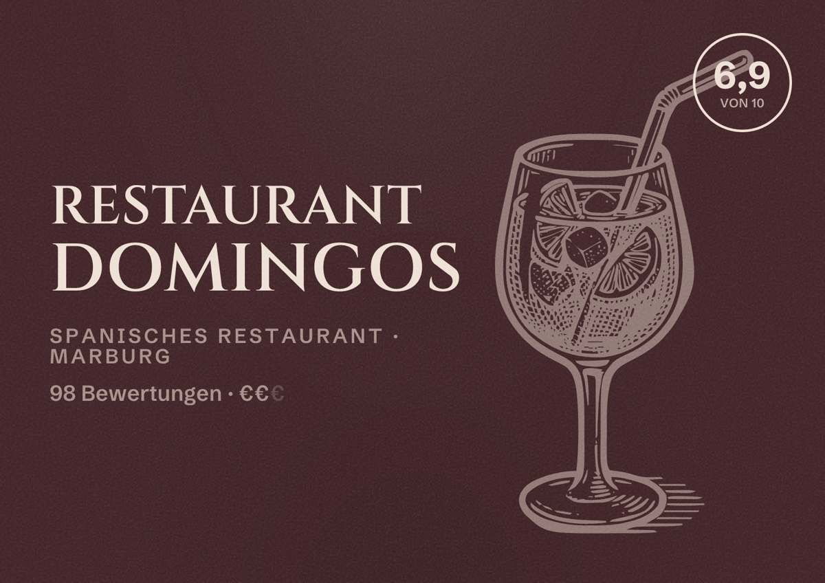 Illustriertes Poster von Restaurant Domingos, Spanisches Restaurant in Marburg: Bewertung 6,9 von 10 aus 98 Bewertungen, Preisniveau €€