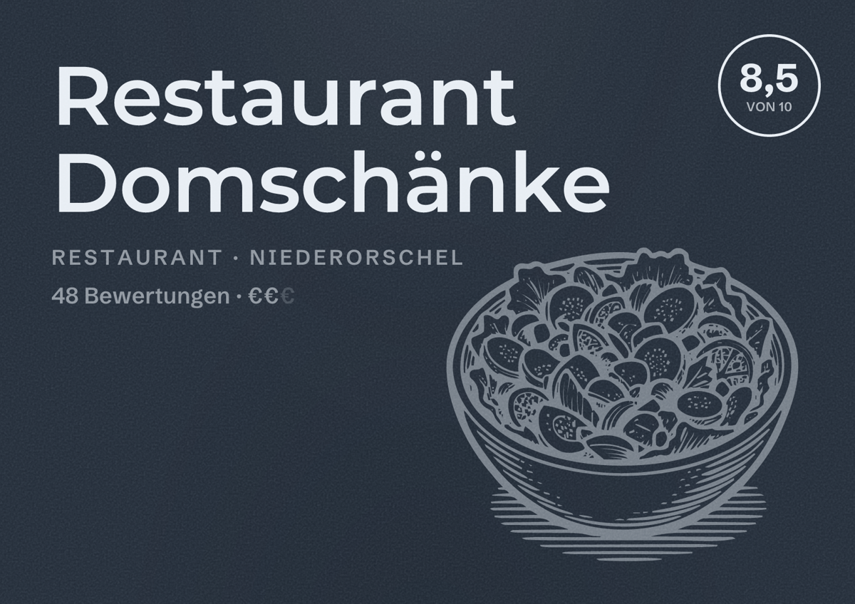 Illustriertes Poster von Restaurant Domschänke, Restaurant in Niederorschel: Bewertung 8,5 von 10 aus 48 Bewertungen, Preisniveau €€